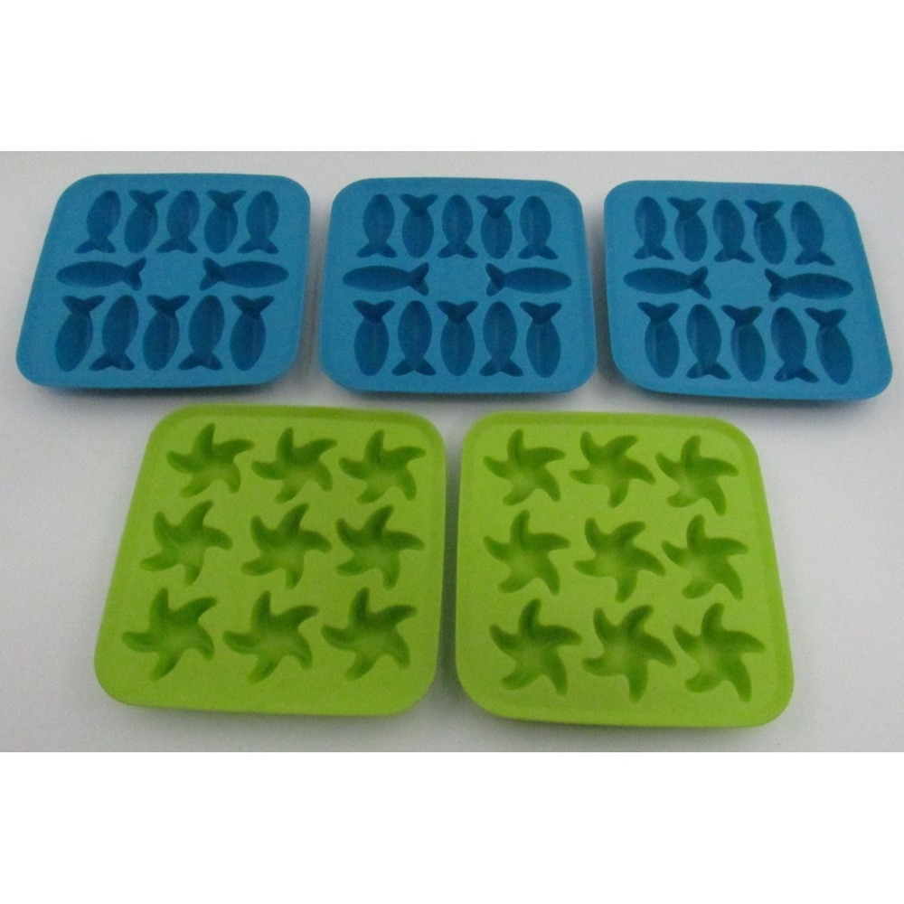 5 IKEA Silicone Candy Mold Ice Cube Tray Forms 2 Starfish 3 Fish Ocean Green Blu